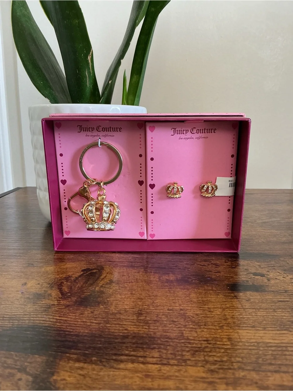 Juicy Couture Gold & Pink Crown Bag Charm with Matching Crown Stud Earrings
